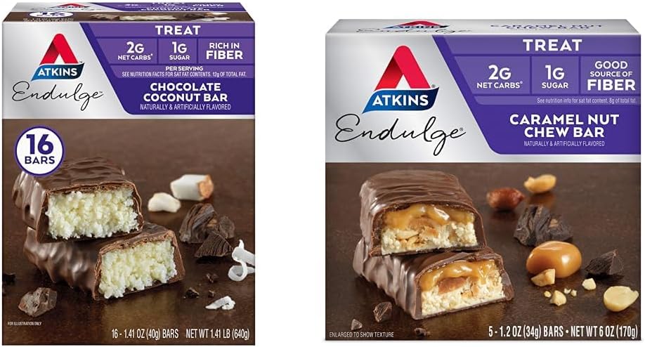 Atkins Endulge σοκολάτα Coconut Bar 16 Count & Caramel Nut Chew Bar 5 Count Bundle