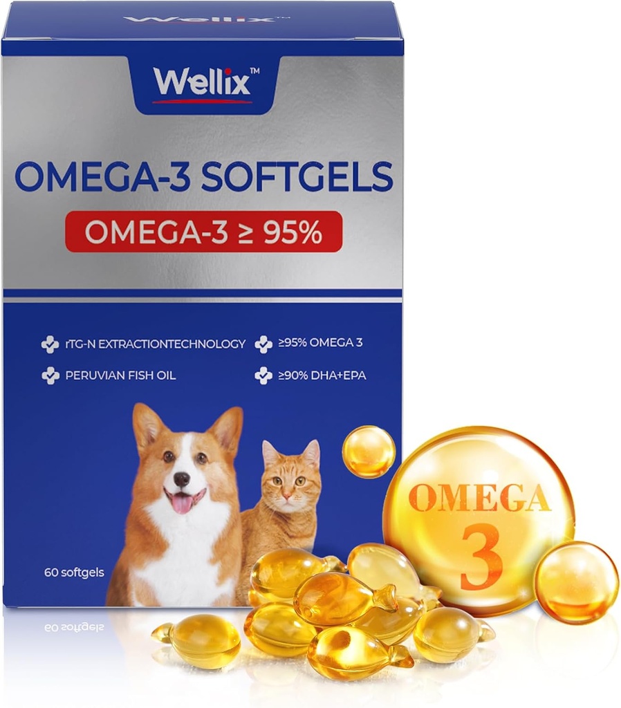 Wellix Pure Omega 3 Fish Oil for Dogs & Cats, Skin and Coat Supplement for Shedding, Promotes Heart, Skin, Coat, Joint, & Immune Health， Over 95% Omega 3, Rich in EPA + DHA, 60 Softgels