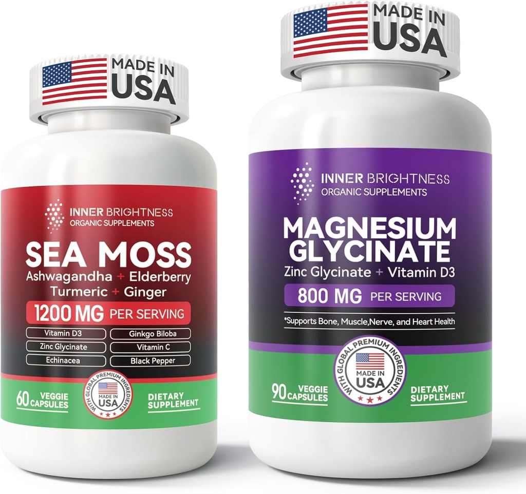 Ultimate Wellness Bundle: All-in-1 Sea Moss Advanced + Magnesium Glycinate for Energy, Immune, Sleep & Heart Health - 60ct Sea Moss Pills + 90 Vegetarian Capsules