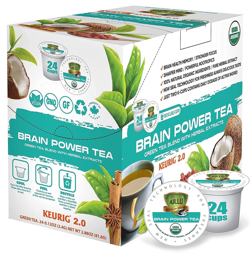 SOLLO Brain Power Organic Green Tea Pods with MCT, Acai & Essential θρέψη, Nootropic Brain Booster- Βελτιώνει τη μνήμη & Focus Συμβατό με 2.0 K-Cup Keurig Brewers, 24 Ct