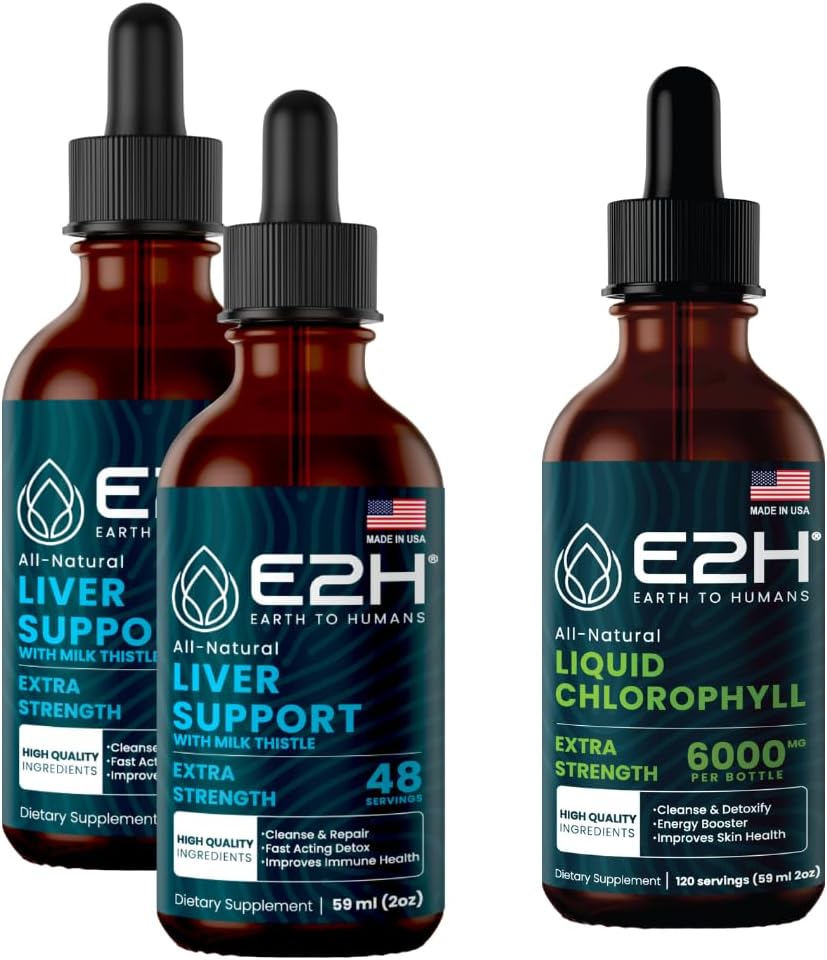 E2H: Συμπλήρωμα στήριξης ήπατος (2 πακέτο - 4 Fl Oz) και χλωροφυλλικές σταγόνες (μονό μπουκάλι - 2 fl Oz) 