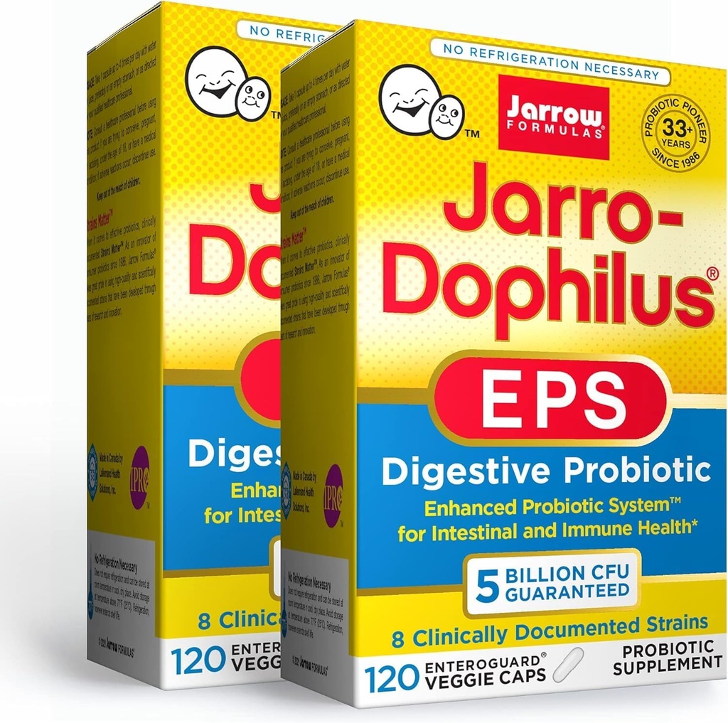 Jarrow Formulas Jarro-Dophilus EPS - 5 Δισεκατομμύρια Οργανισμοί ανά υπηρεσία - 120 Enteric Coated Veggie Caps, Multi-Strain Probiotic - Εντερική & Ανοσολογική Υγεία, 120 Count (Pack of 2)