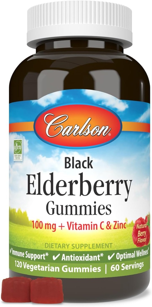 Carlson - Black Elderberry Gummies, με βιταμίνη C & ψευδάργυρο, ανοσοποιητική υποστήριξη, 120 Gummies