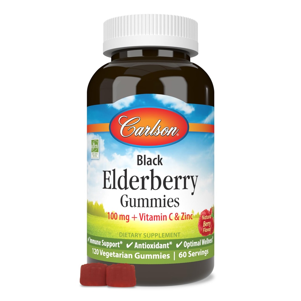 Carlson - Black Elderberry Gummies, με βιταμίνη C & ψευδάργυρο, ανοσοποιητική υποστήριξη, 120 Gummies
