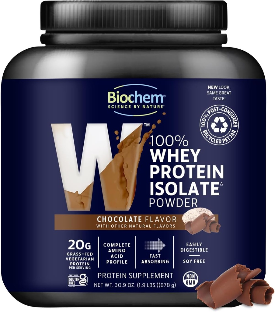 Biochem 100% Whey Isolate Protein Powder, Chocolate Flavor, 20g Grass-Fed Protein, Keto Friendly, Gluten Free, Vegetarian, Easily Digestible, 30.9 oz, 28 Υπηρεσίες