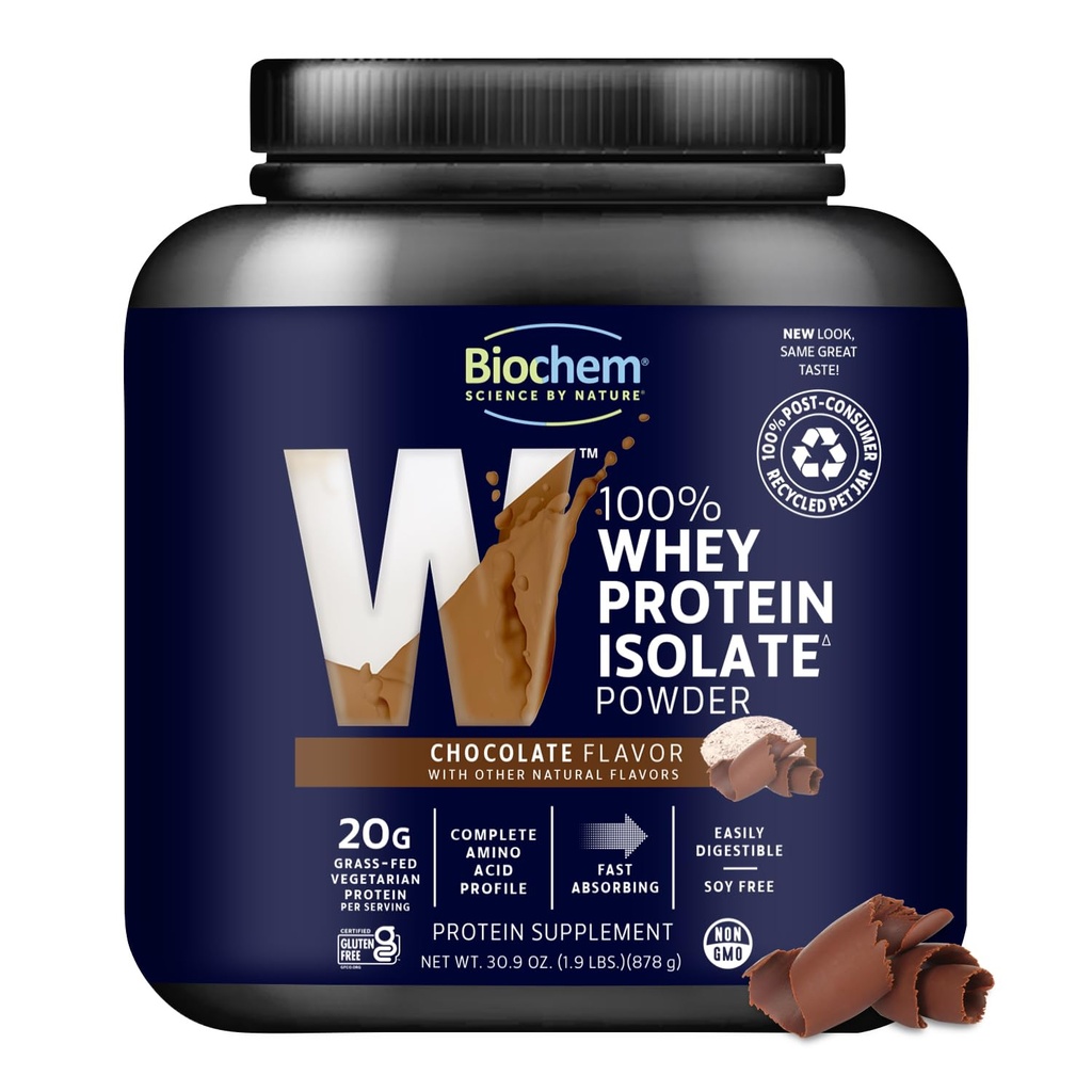 Biochem 100% Whey Isolate Protein Powder, Chocolate Flavor, 20g Grass-Fed Protein, Keto Friendly, Gluten Free, Vegetarian, Easily Digestible, 30.9 oz, 28 Υπηρεσίες