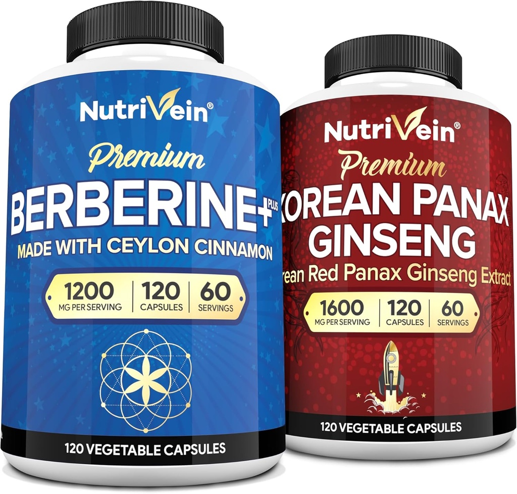 Nutrivein Premium Κορεάτης Panax Ginseng συμπλήρωμα & Berberine Συμπληρώματα Bundle: Υψηλής Απορρόφησης Berberine Complex & Γνήσιο κόκκινο Ginseng Bundle για την καθημερινή σαφήνεια, ζωτικότητα, & ευεξία