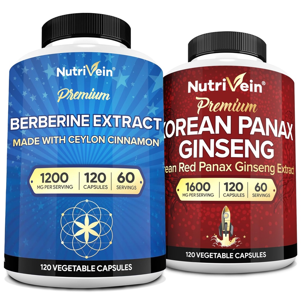 Nutrivein Premium Κορεάτης Panax Ginseng συμπλήρωμα & Berberine Συμπληρώματα Bundle: Υψηλής Απορρόφησης Berberine Complex & Γνήσιο κόκκινο Ginseng Bundle για την καθημερινή σαφήνεια, ζωτικότητα, & ευεξία