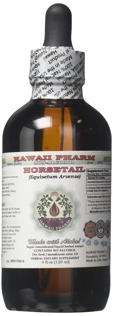 Hawaii Pharm Horsetail Alcohol-Free Liquid Extract, Horsetail (Equisetum arvense) Dried Herb Glycerite Natural Herbal Supplement 4 oz