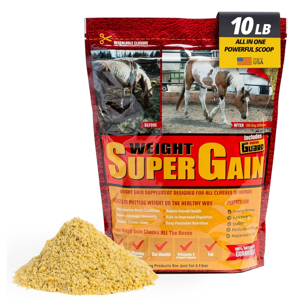 Horse Guard Super Weight Gain 10 lb – 3-in-1 Horse Weight Gain Supplement with Full-Fat Soy, Probiotics & Vitamins – Supports Digestion, Coat & Muscle Health – 20 Servings