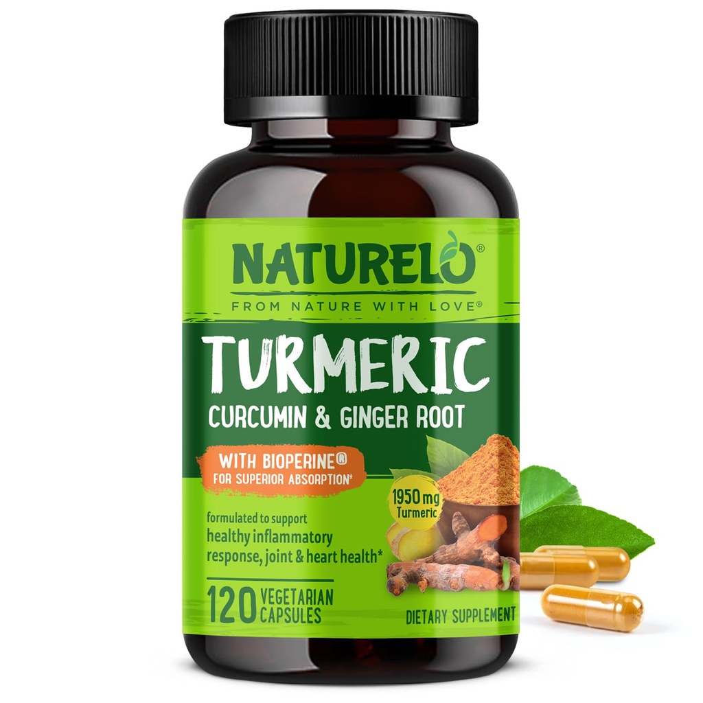 NATURELO Turmeric Curcumin - BioPerine for Better Absorption - Black Pepper, Ginger Root, Curcuminoids - Plant-Based Joint Discomfort Support - 120 Vegan Capsules