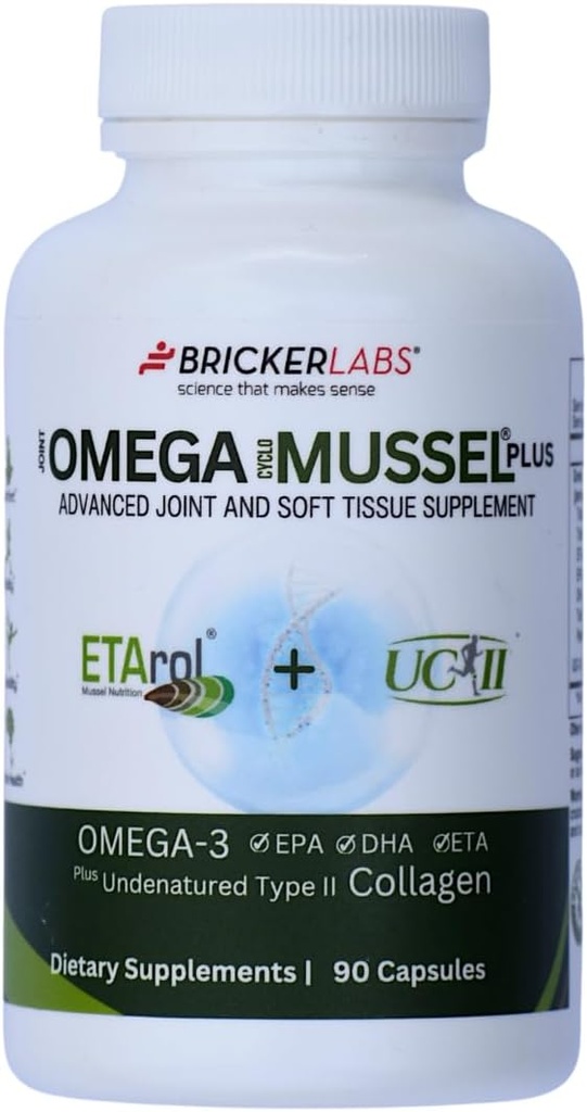 Bricker Labs Omega Cyclo - Mussel Plus UC-II, Premium NZ Green Lipped Mussel Plus UC-II Μη μετουσιωμένο Κολλαγόνο τύπου ΙΙ, Το Ultimate Joint Supplement for Joint Health and Comfort, 90 Κάψουλες
