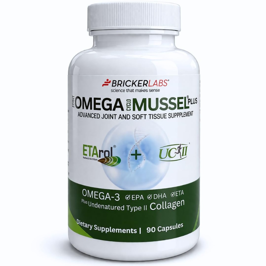 Bricker Labs Omega Cyclo - Mussel Plus UC-II, Premium NZ Green Lipped Mussel Plus UC-II Μη μετουσιωμένο Κολλαγόνο τύπου ΙΙ, Το Ultimate Joint Supplement for Joint Health and Comfort, 90 Κάψουλες