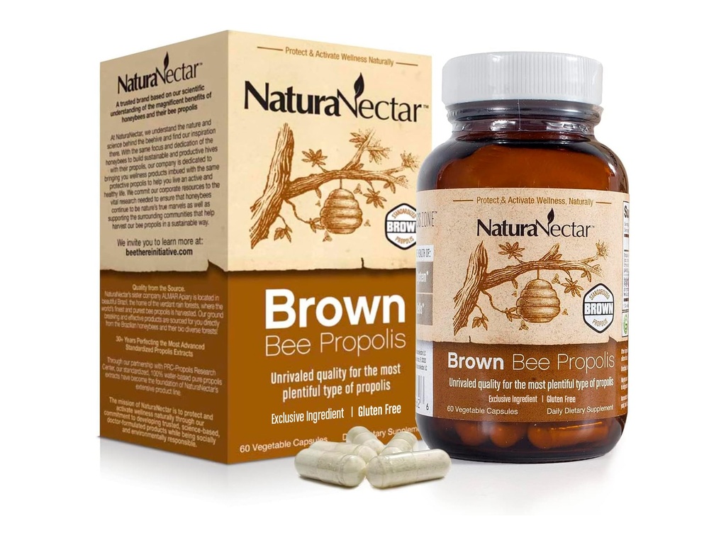 NaturaNectar - Brown Bee Propolis - NSF Contents Certified - Premium Brazilian Propolis - Gluten-free Supplement with Flavonoids, FLAV-B και PWE - Φυσικά προέρχεται μέσω της Ηθικής Μελισσοκομίας (60pcs.)
