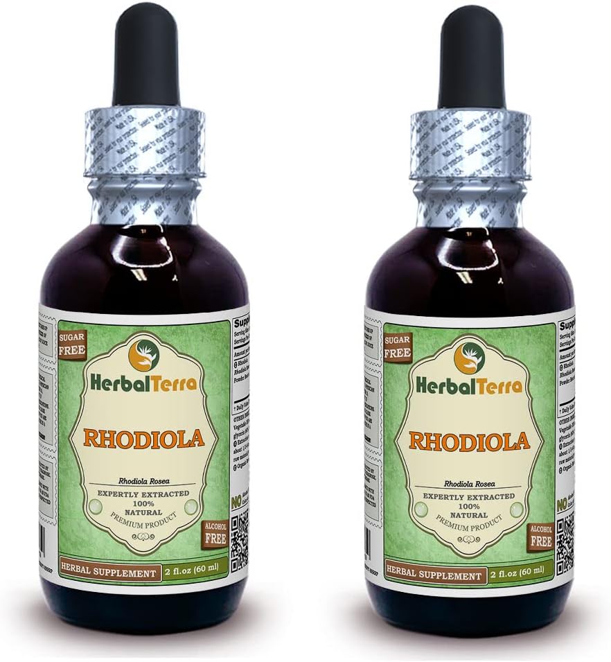 Rhodiola (Rhodiola Rosea) Γλυκερίτης, Βιολογικές Αποξηραμένες Ρίζες Υγρό Εκχύλισμα Χωρίς Αλκοόλ (Όνομα: HerbalTerra, Περήφανα Κατασκευασμένο στις ΗΠΑ) 2x2 fl.oz (2x60 ml)