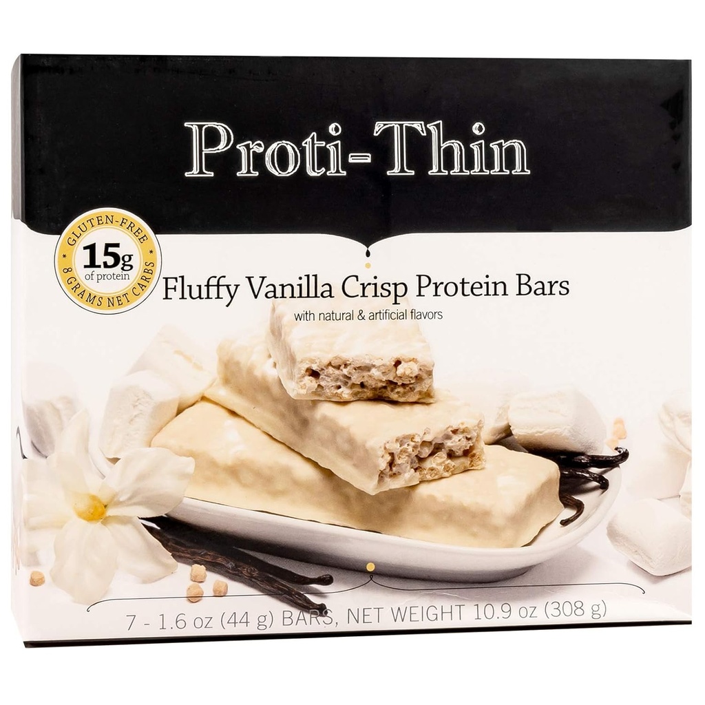 Proti-Thin Fluffy Vanilla Crisp Protein Bars, 15g πρωτεΐνη, χαμηλή θερμίδα, πολύ χαμηλή υδατανθράκων (VLC), χαμηλά λιπαρά, υψηλής σνακ ινών μπαρ, KETO δίαιτα φιλική, Ιδανική πρωτεΐνη συμβατό, χωρίς γλουτένη συστατικά, 7 /Box