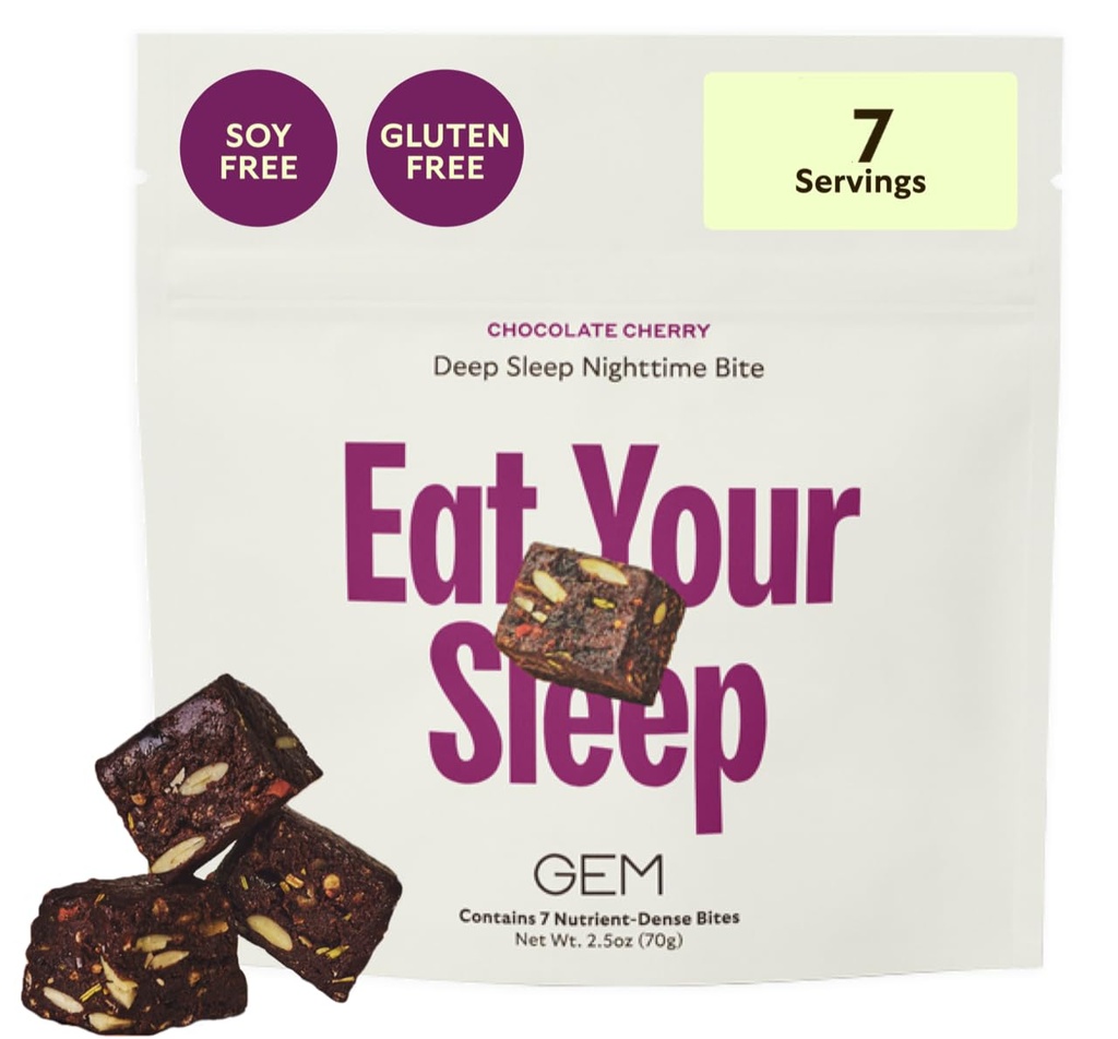 GEM Sleep Aid, Nighttime Bite, 7 Pack, Melatonin Free, L-Theanine, Magnesium, Valerian Root Extract | Vegan and Gluten Free | Earthy Chocolate Cherry, Trial size