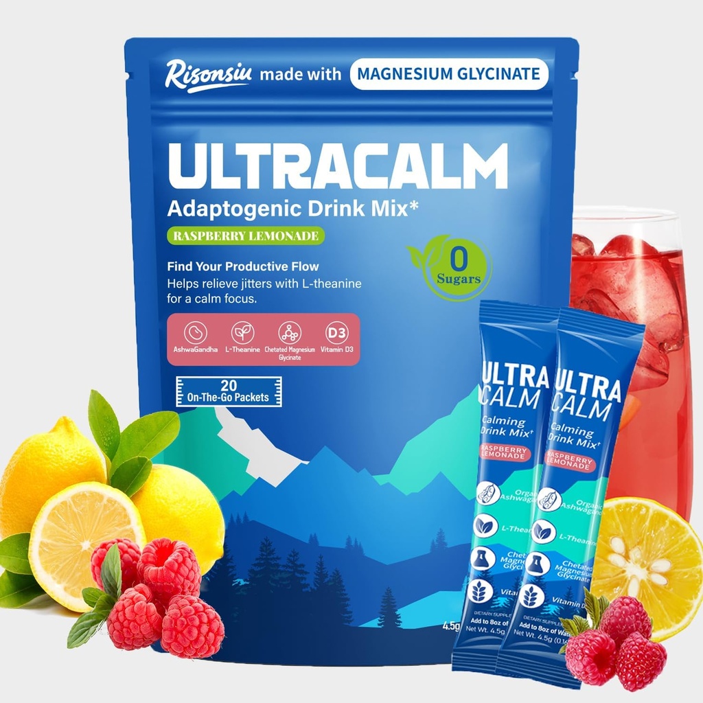 UltraCalm Super Cortisol Ποτό με Μαγνήσιο Γλυκινικό, Ashwagandha, L-Θεανίνη, Βιταμίνη D3, Μαγνήσιο σκόνη για τον ύπνο και το στρες ανακούφιση, Βατόμουρο Λεμονάδα (20 εξυπηρετούν)