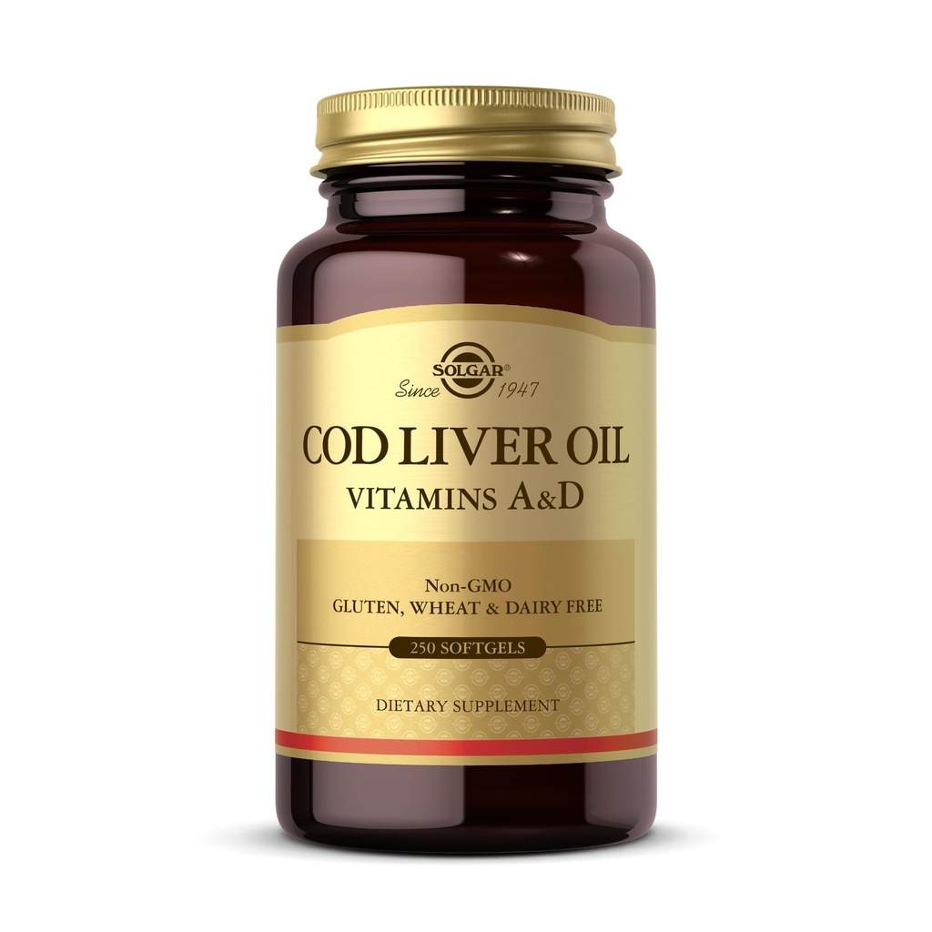 Solgar Cod Liver Oil - 250 Softgels - Παρέχει Βιταμίνες Α & D - Μη ΓΤΟ, Χωρίς Γλουτένη - 250 Μερίδες
