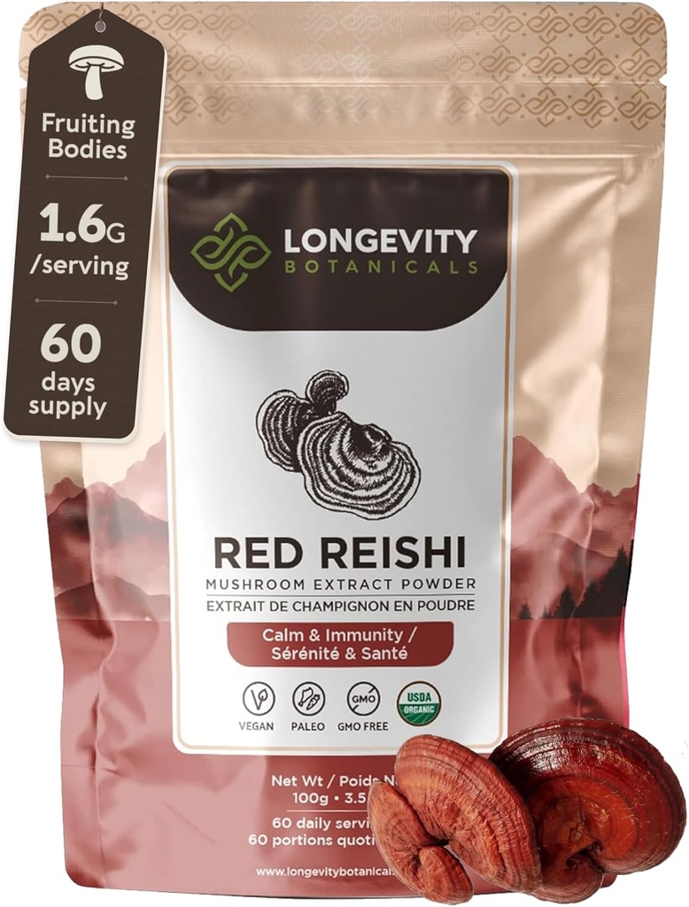 Longevity Botanicals Organic Reishi Mushroom Extract Powder 100g 
