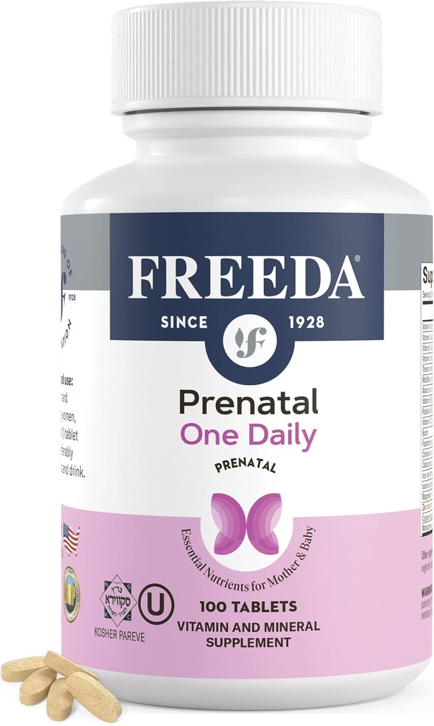 FREEDA Prenatal Vitamin - Kosher Prenatals - Prenatal Vitamins with Iron, Prenatal Folic Acid, Choline, Vitamin D - One Daily Pre Natal Multivitamin Support for Pregnant & Lactating Women (100)