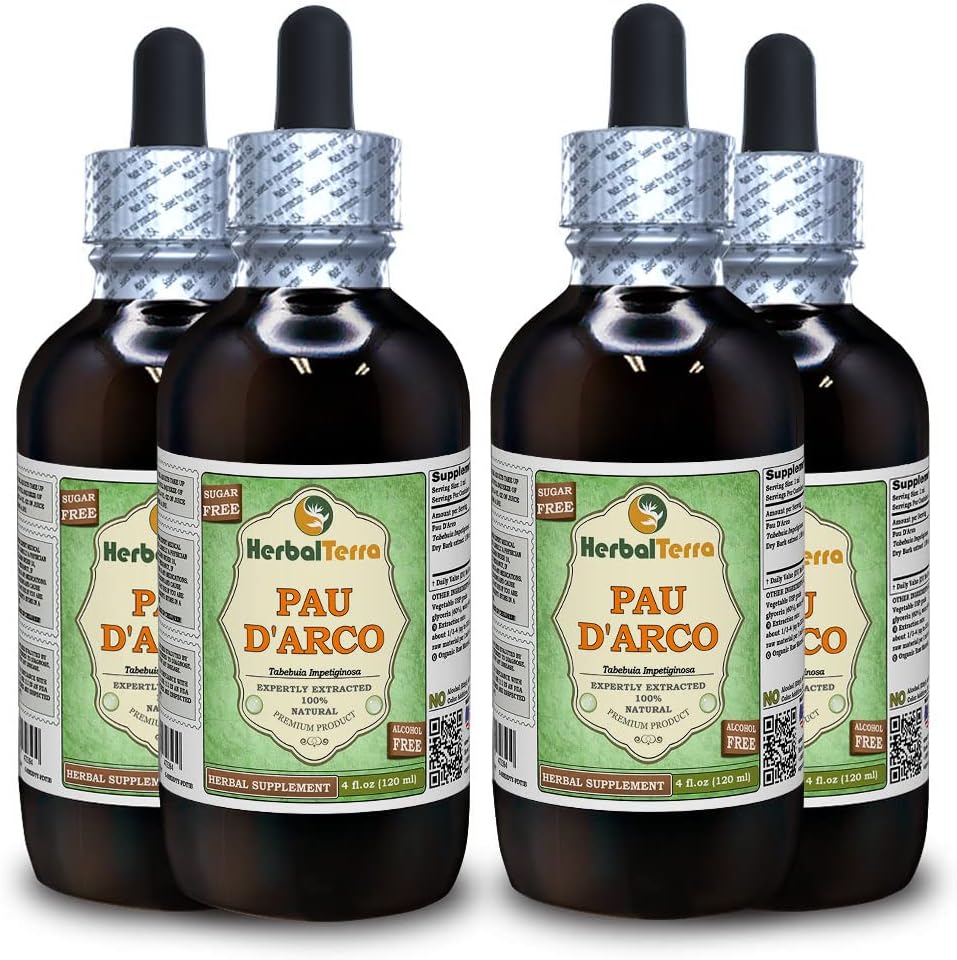 PAU d'arco (Tabebuia Impetiginosa) Γλυκερίτης, Αποξηραμένο Χωρίς Αλκοόλ εκχύλισμα υγρού (Όνομα: HerbalTerra, Περήφανα Κατασκευασμένο στις ΗΠΑ) 4x4 fl.oz (4x120 ml)
