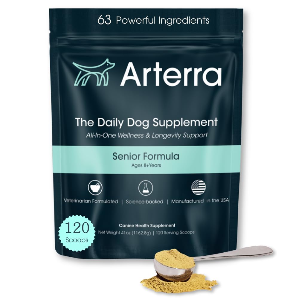 Senior Dog Powder Supplement & Food Topper – 63 Συστατικά για την κοινή, την κοιλιά, τον ανοσοποιητικό και τον εγκέφαλο υγεία – Καθημερινή μακροβιότητα Πολυβιταμίνη με γλυκοζαμίνη, προβιοτικά, και ιχθυέλαιο 