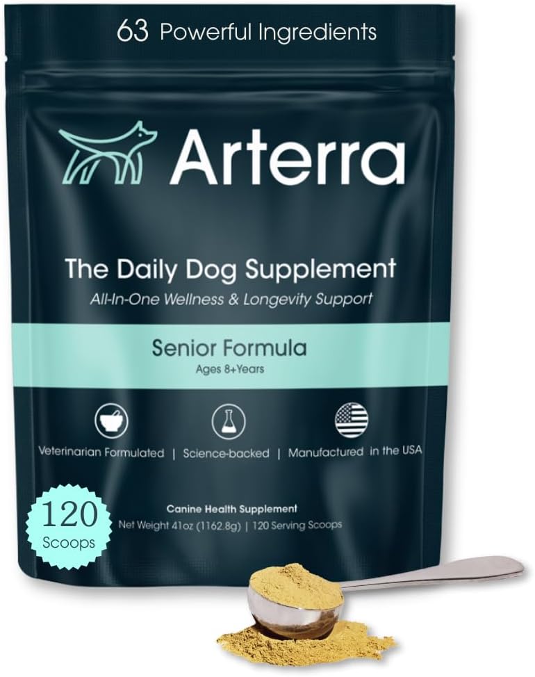 Senior Dog Powder Supplement & Food Topper – 63 Συστατικά για την κοινή, την κοιλιά, τον ανοσοποιητικό και τον εγκέφαλο υγεία – Καθημερινή μακροβιότητα Πολυβιταμίνη με γλυκοζαμίνη, προβιοτικά, και ιχθυέλαιο 