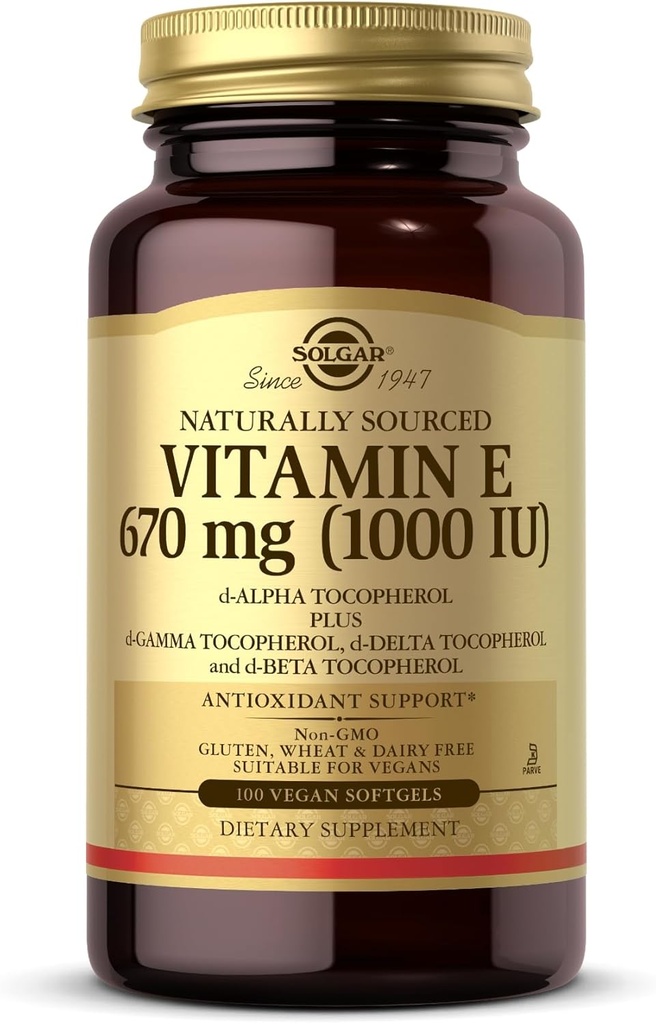 Solgar Vitamin E 670 mg (1000 IU) - 100 Vegan Softgels - Φυσικό Αντιοξειδωτικό - Μη ΓΤΟ, Χωρίς Γλουτένη - 100 Μερίδες