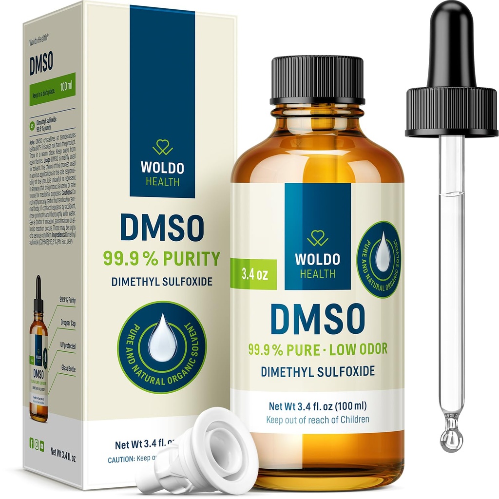 WoldoHealth DMSO 99,9% Pharmaceutical Grade - FT-IR Επαληθευμένο διμεθυλοσουλφοξείδιο, Χαμηλός Διαλύτης Odor σε γυάλινη φιάλη με Σταγονόμετρο ακριβείας (3,38 oz)