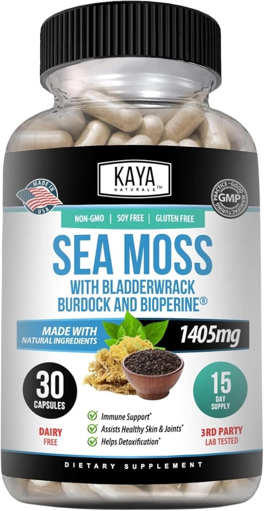 Kaya Naturals Sea Moss - Συμπλήρωμα κινητικότητας για τους άνδρες και τις γυναίκες - με Burdock Root, Irish Moss, Bladderwrack, και BioPerine - για την κινητικότητα Υγεία και ανοσοποίηση Boost, 30 Count