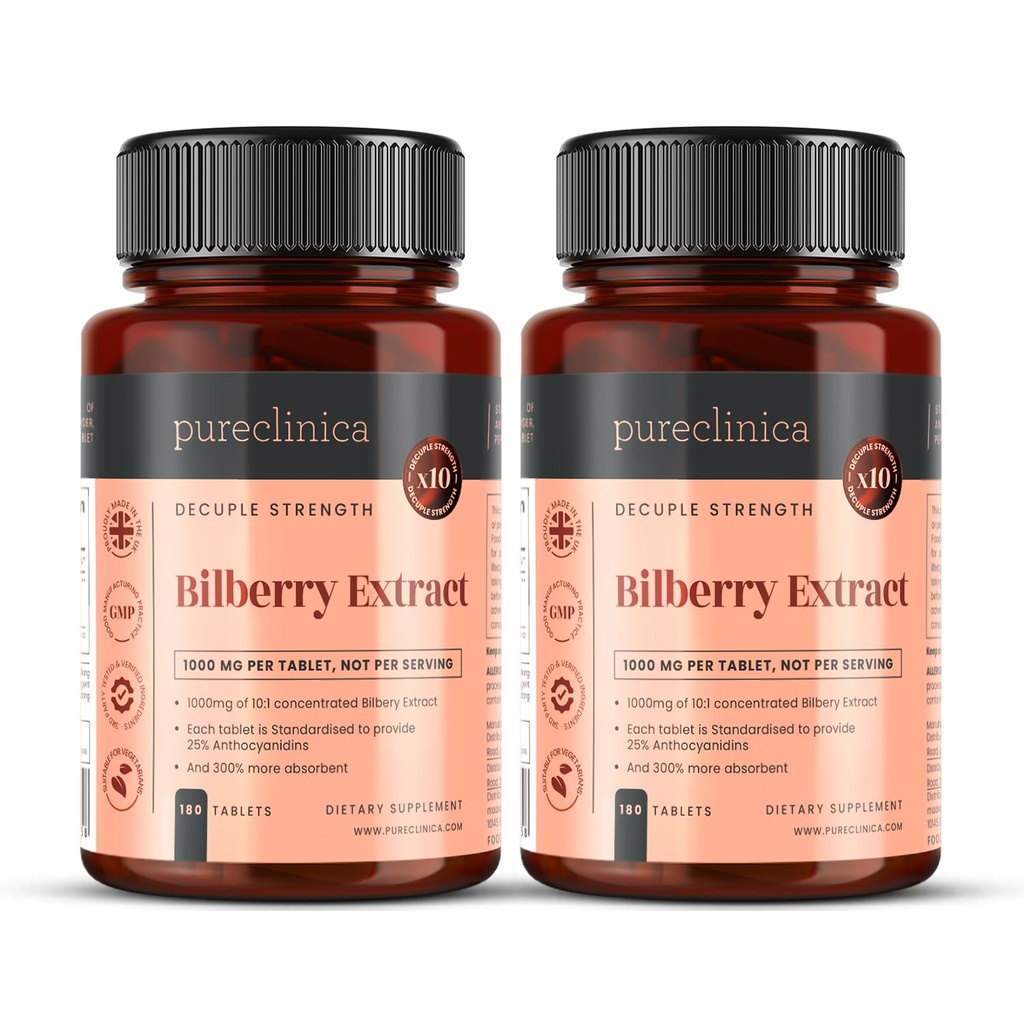 Pureclinica Bilberry Extract 10. 000mg x 360 δισκία (2 φιάλες) - 10 X Περισσότερες Ανθοκυανιδίνες w/ 5mg Black Pepper Extract