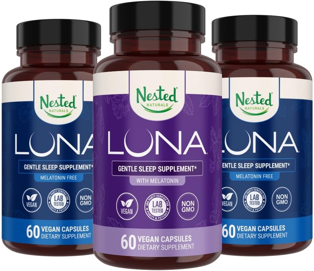 Φωλιασμένα φυσικά Luna Melatonin-Free (120 κάψουλες Vegan) & Luna Natural Sleep Aid with Melatonin (60 κάψουλες Vegan) για βαθύ ύπνο 