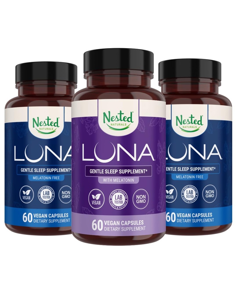 Φωλιασμένα φυσικά Luna Melatonin-Free (120 κάψουλες Vegan) & Luna Natural Sleep Aid with Melatonin (60 κάψουλες Vegan) για βαθύ ύπνο 