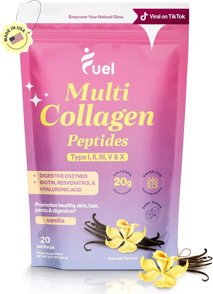 Fuel Multi Collagen Peptides σκόνη – 20g Hydrolyzed Collagen I, II, III, V & X για τα μαλλιά, δέρμα, νύχια & κοινή υποστήριξη – Καλύτερη απορρόφηση – Keto & Gluten Free, γαλλική Vanila 8.67oz