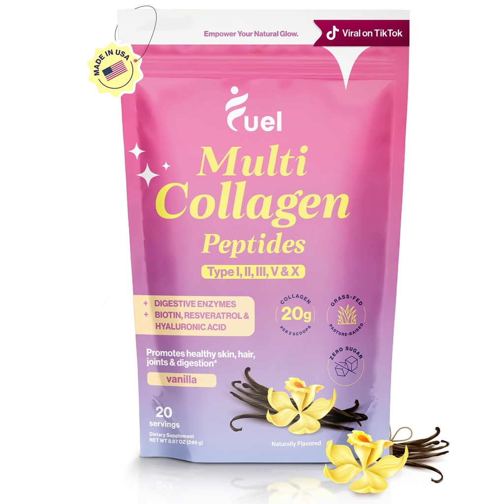 Fuel Multi Collagen Peptides σκόνη – 20g Hydrolyzed Collagen I, II, III, V & X για τα μαλλιά, δέρμα, νύχια & κοινή υποστήριξη – Καλύτερη απορρόφηση – Keto & Gluten Free, γαλλική Vanila 8.67oz