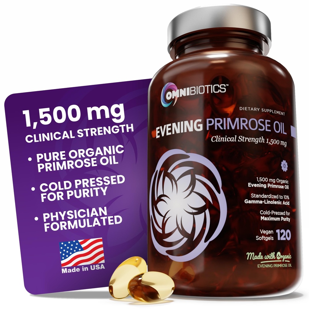 OmniBiotics Organic Evening Primrose Oil for Women – Κλινική Δύναμη 1500mg ανά κάψουλα, 10% GLA, Ψυχρό, Μη ΓΤΟ, Ορμονική Ισορροπία για Γυναίκες – 120 Vegan Softgel Κάψουλες