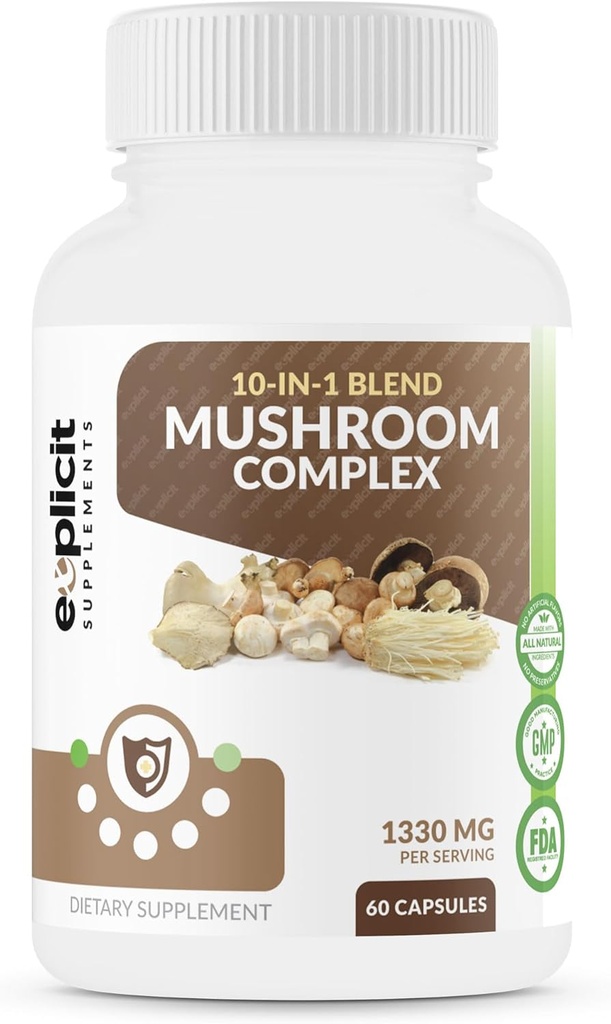 Συμπληρωμένο Mushroom Supplement με 10 Mushroom Extracts & Blends (Cordyceps, Reishi, Shiitake, Lions Mane, Maitake, Turkey Tail, Chaga, Royal Sun, White Button, Black Fungus Mushroom) - 60 Caps