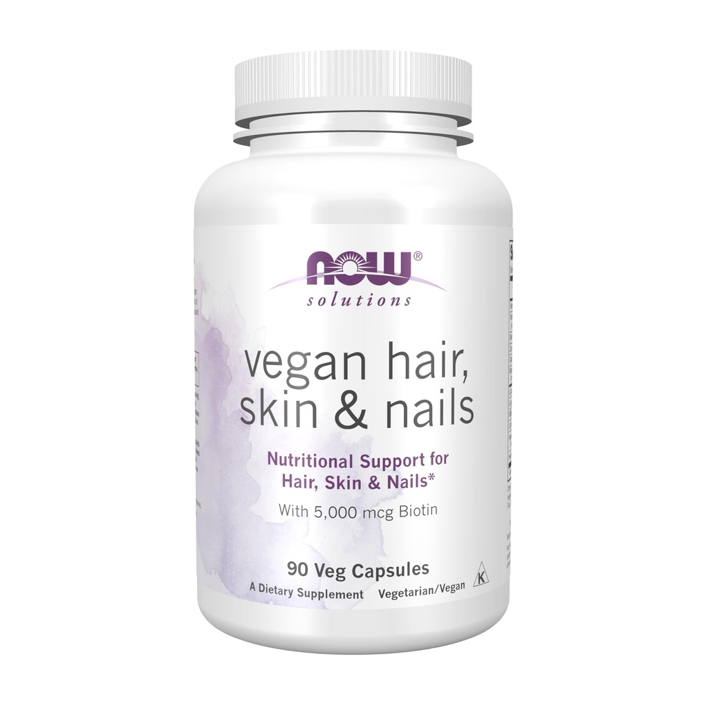 NOW Foods Solutions, Vegan μαλλιά, δέρμα & νύχια, διατροφική υποστήριξη με 5,000 mcg βιοτίνη, 90 κάψουλες Veg