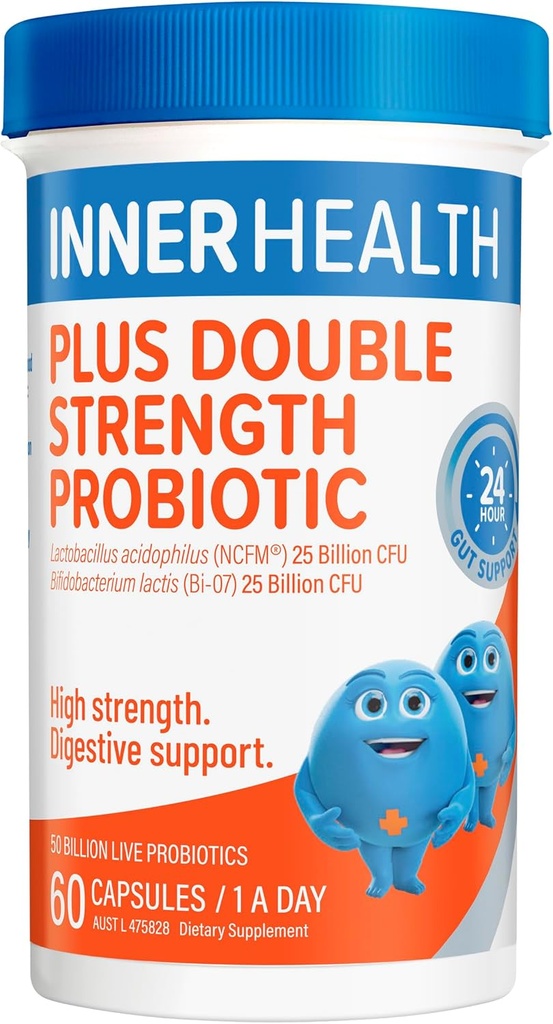 Inner Health Probiotics - Maintain Balance of Gut Flora to Improve Digestion, Immune System, Reduce Gastro Symptoms Like Diarrhea, Cramping & Pain - Once Daily - Double Strength - 60 Count