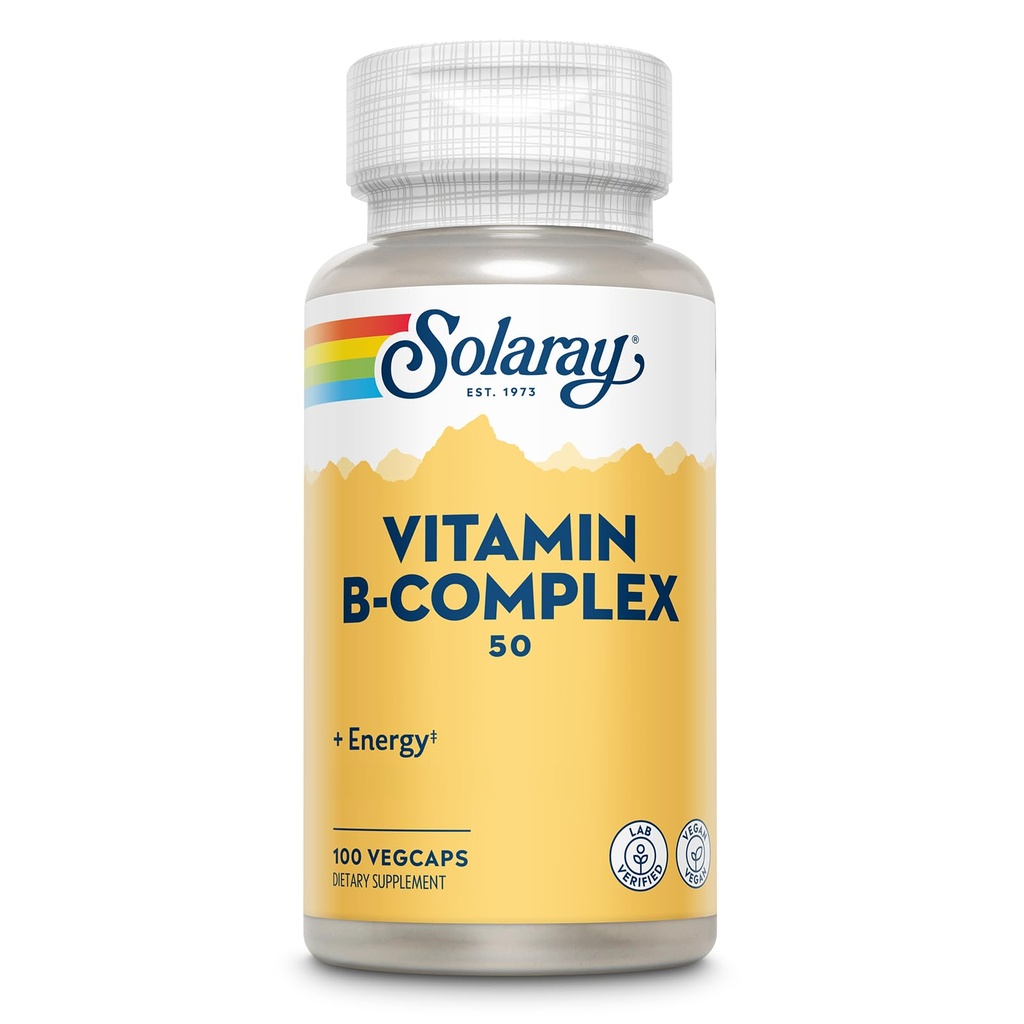 SOLARAY Vitamin B Complex 50 mg - Κυτταρική ενέργεια Βιταμίνες - Μεταβολισμός και Νευρική Υγεία Υποστήριξη με Βιταμίνη Β12, Βιταμίνη Β1, Β6, Νιασίνη, Φολικό οξύ, Βιοτίνη και άλλες Βιταμίνες Β - Vegan, 100 VegCaps