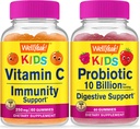 WellYeta Vitamin C Kids + Probiotics 10B Kids, Gummies Bundle - Μεγάλη γεύση, συμπλήρωμα βιταμίνης, χωρίς γλουτένη, GMO δωρεάν, μασώμενη κοιλιά