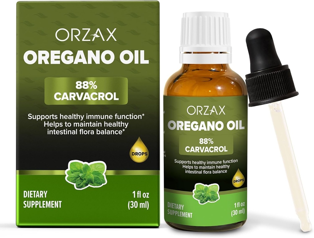 ORZAX Oregano Oil Drops with Olive Oil - 88% Carvacrol and 0.3% Thymol - Non-GMO & Sugar-Free & Gluten-Free & Vegan - Herbal Supplement for Immune Support and Digestive Health - 30 ml - 200 Day Supply