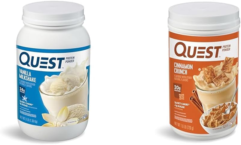 Quest Διατροφή Vanilla Milkshake πρωτεΐνη σκόνη, 24g πρωτεΐνης, 1g ζάχαρης, χαμηλής υδατανθράκων, χωρίς γλουτένη, 3 Λίρες, 43 μερίδες & Crunch πρωτεΐνη σκόνη, 20g πρωτεΐνη, 2g καθαρό υδατάνθρακες, 1g ζάχαρη