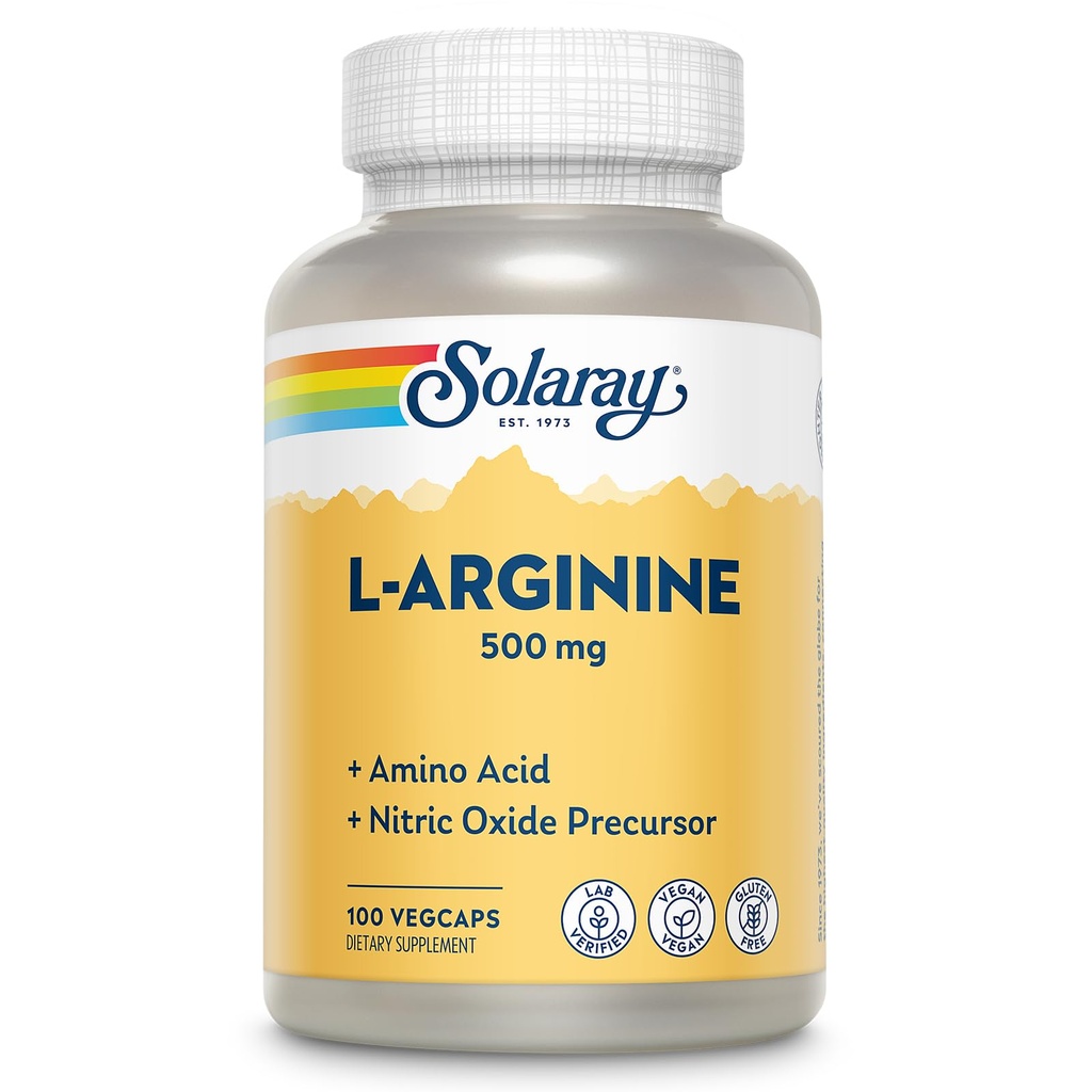 SOLARAY L-αργινίνη 500 mg, συμπλήρωμα νιτρικού οξειδίου, αντοχή, ενέργεια, υποστήριξη καρδιάς, 100 υπηρεσίες, 100 VegCaps