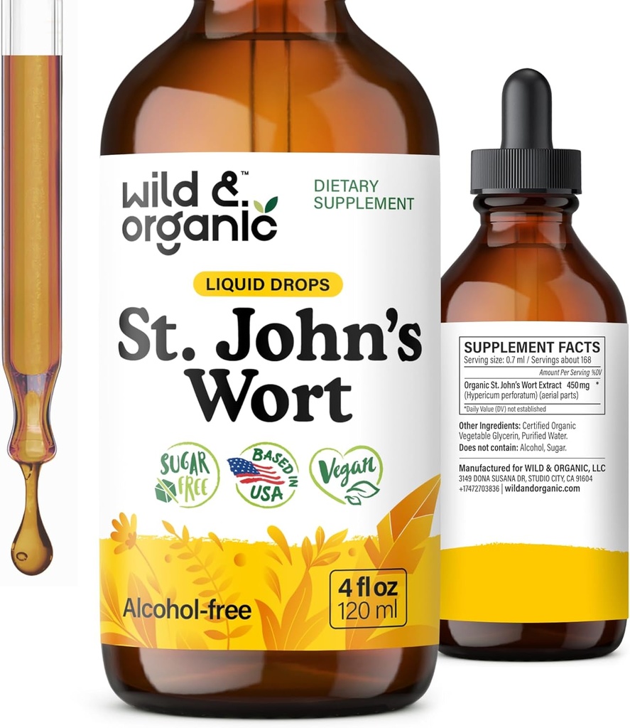 Wild & Organic St Johns Wort Tincture - Mood Support - Calming St John's Wort Supplement - Hypericum Perforatum Herbal Liquid Drops - Vegan, Sugar & Alcohol Free - 4 fl oz