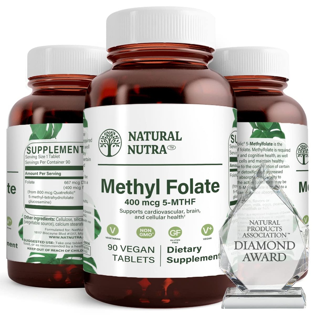 Natural Nutra Active methyl folate Supplement with Quatre folic, Support Heart and Body Health, Βοηθά την υγεία του εγκεφάλου, Βελτιώνει τις θετικές δονήσεις, Help Reduce Bone-Tired, B9, 90 Vegan Tablets (Pack of 2)