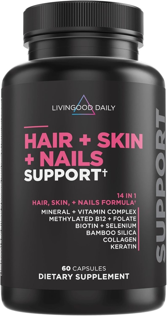 Livingood Daily Hair, Skin & Nails Supplement, 14-in-1 Formula with Biotin, Collagen, Keratin, Bamboo, Selenium, Folate, B12, Zinc and More, Συμπλήρωμα ομορφιάς για γυναίκες & άνδρες, Χωρίς γλουτένη, 60 κάψουλες