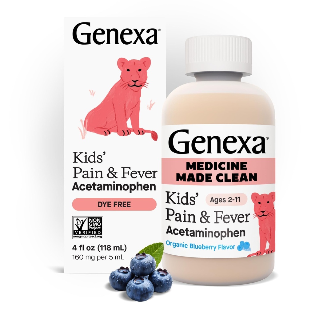 Genexa Kids’ Pain and Fever Reducer | Childrens Acetaminophen, Dye Free, Liquid Oral Suspension Medicine | Delicious Organic Blueberry Flavor | 160 mg per 5mL | 4 Fluid Ounces