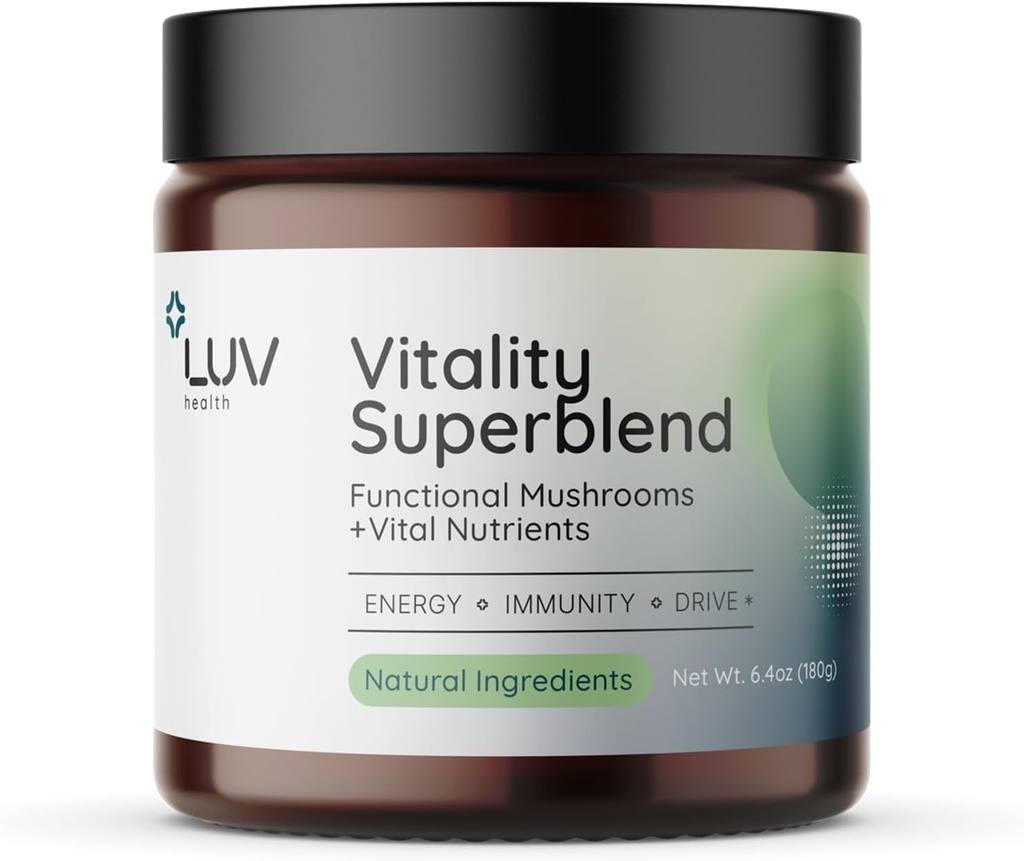 LUV υγεία ζωτικότητα Superblend: Mushroom συμπλήρωμα - Superfood σκόνη με Cacao, Mane Lion, Cordyceps, Reishi, Πράσινο τσάι, και Turmeric – Ενέργεια, Focus & Daily Wellness Υποστήριξη Vegan, 30 εξυπηρετήσεις